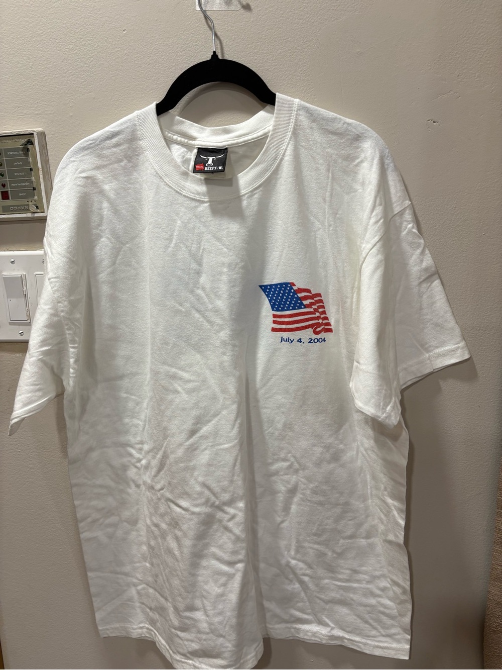 Hanes White Short Sleeve Tee with Small American Flag Graphic